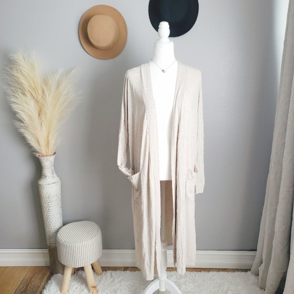 DUSTER CARDIGAN W POCKETS- HEATHER OATMEAL BEIGE